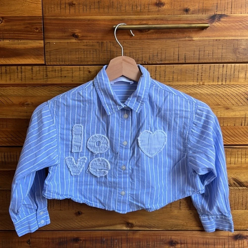 Zara Girls Crop Top Blue Striped Kids Shirt with Love Embroidery